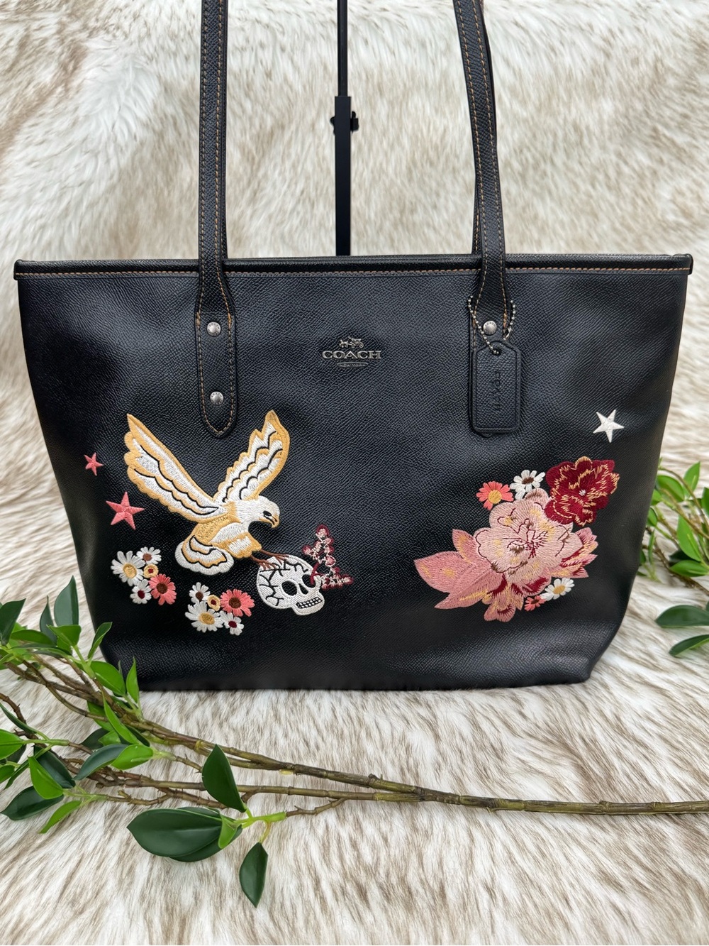 Coach Tattoo Embroidery City Black Leather Tote Bag